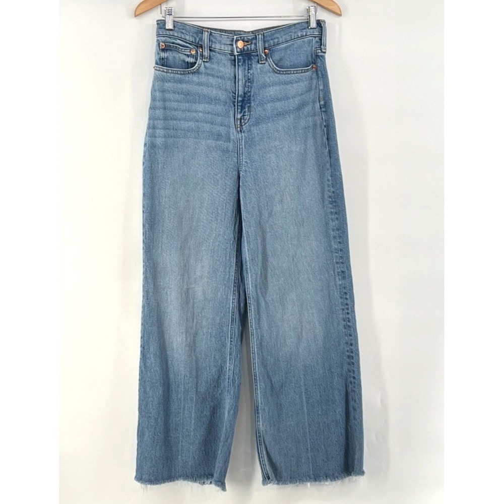 J. Crew Wide Leg Trouser Jeans Sz 28 High Rise Raw Hem Light Wash Denim Festival